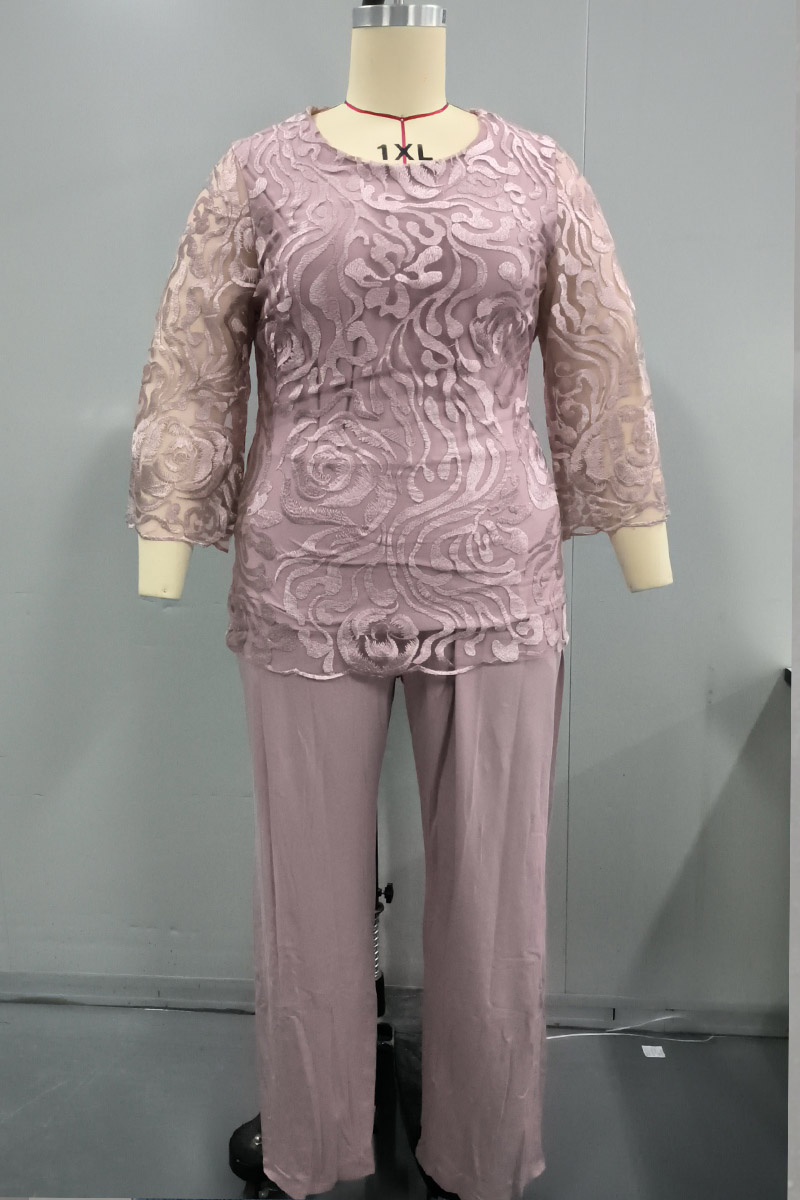 Plus Size Mesh Embroidery 3/4 Sleeve Two Pieces Pant Suits 2024 - Flycurvy 