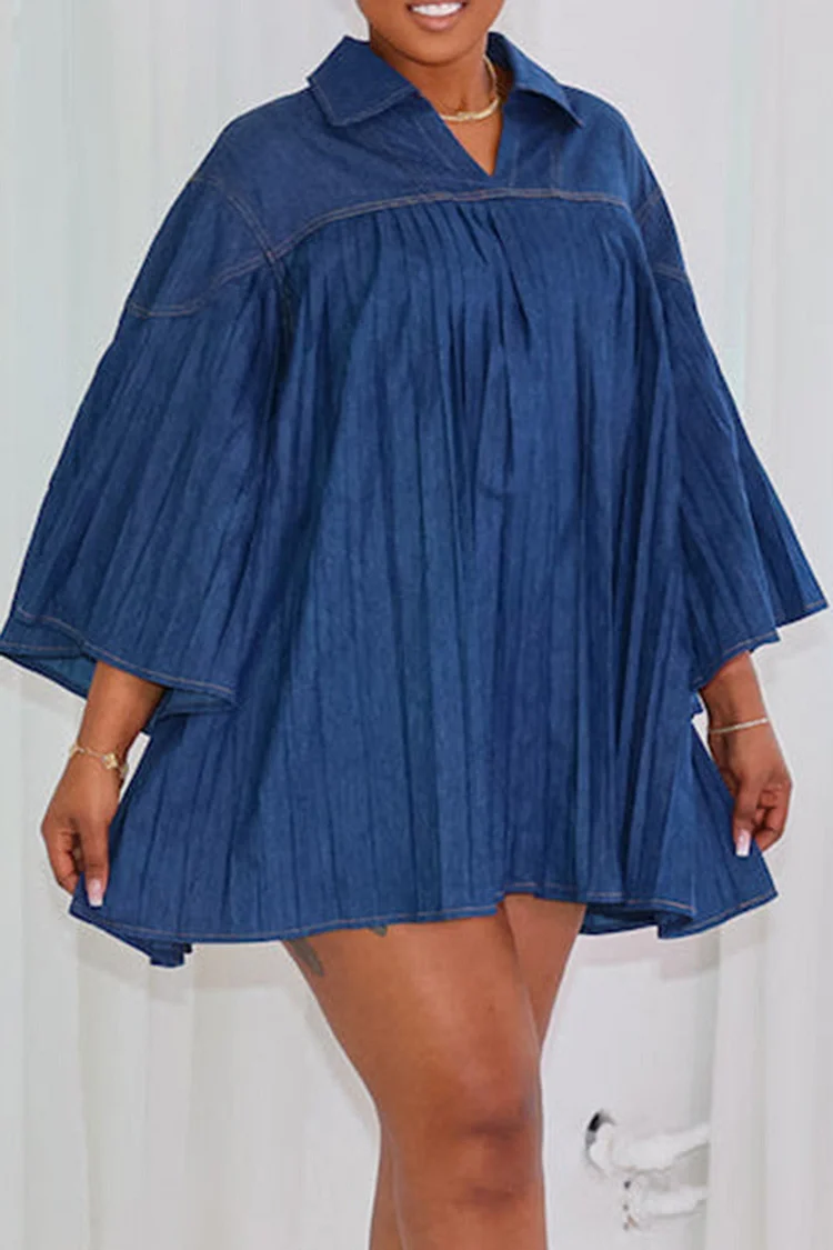 Plus Size Daily Blue Casual Turndown Collar 3/4 Sleeve Pleated Tencel Denim Mini Dresses [Pre-Order] 2024 - Xpluswear
