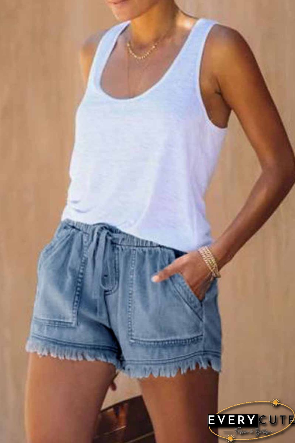 Lace-up Fringed Thin Denim Shorts