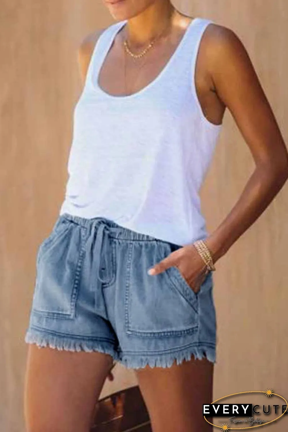 Lace-up Fringed Thin Denim Shorts