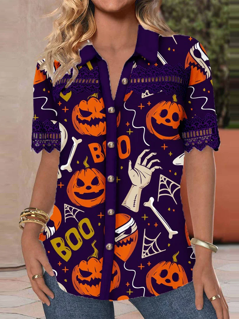 Women Short Sleeve V-neck Pumpkin Printed Graphic Lace Hollow Stitching Button Tops