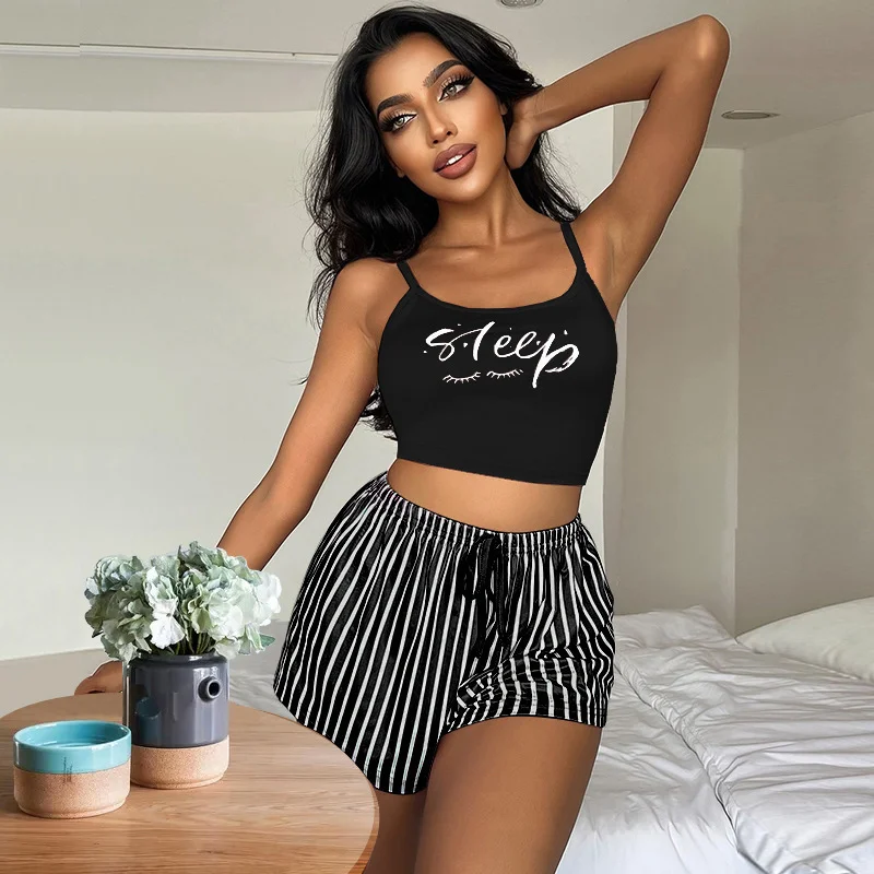 Uveng Uveng Sling Pyjamas Women's Sleet Shorts Set Letter Striped Print Lady's Home Clothes Can Be Worn