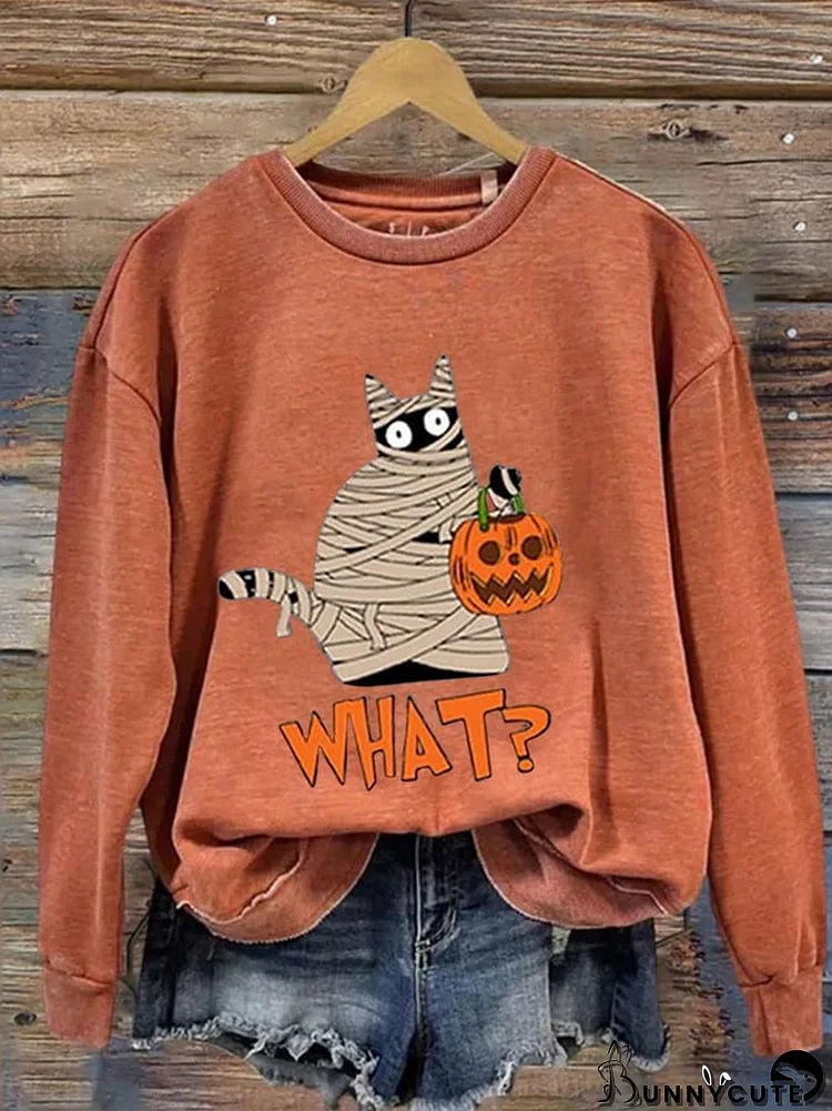 Women's Halloween What Cat Print Casual Sweatshirt