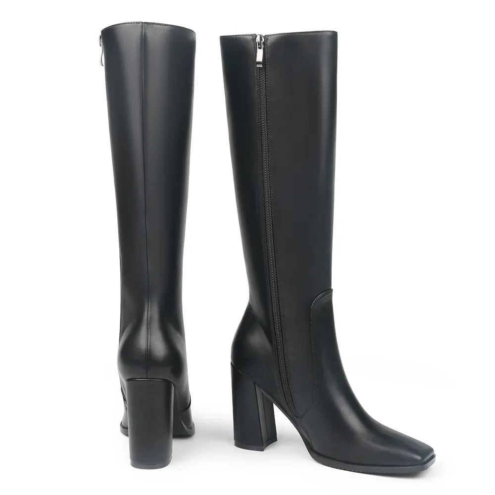 95mm/3.74 Women's Knee High Boots Chunky Heels Square Toe Boots Go Go Boots with Side Zipper-vocosishoes