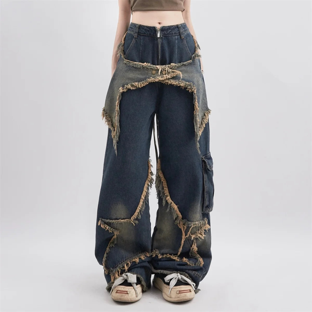 Aiertu Y2k Cargo Jeans Pants Women Rave Pants Street Oversize Loose Wide-leg Pockets Female Pant Vintage Hip Hop Denim Trousers Aiertu