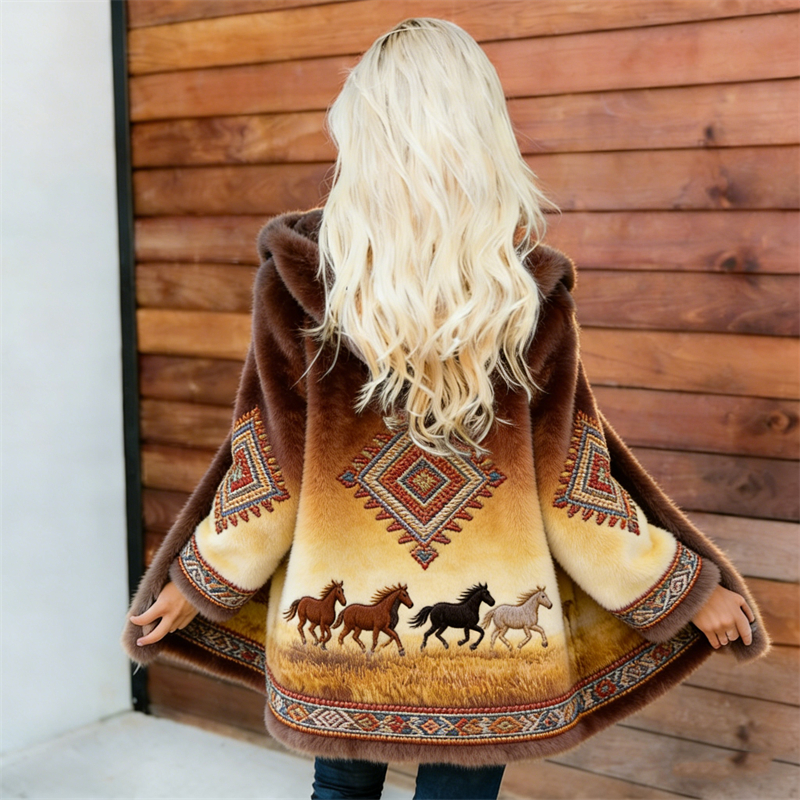 Running Horses Ethnic Aztec Gradient Cozy Plush Midi Cardigan wearshes