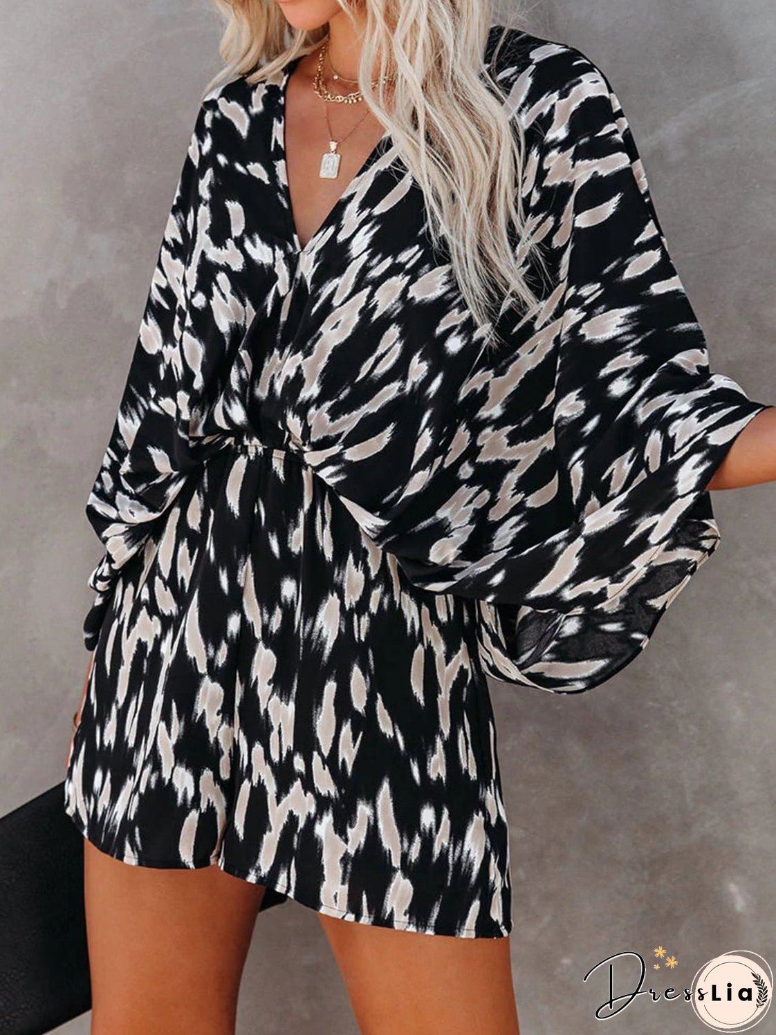 Tied Printed Kimono Sleeve Romper