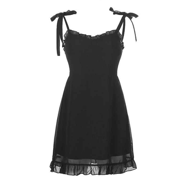 Sweetown Dark Academia Gothic Dresses Women Chiffon Ruffles Black Girl Clothes Sleeveless V Neck Lace Up Mini Dress Summer
