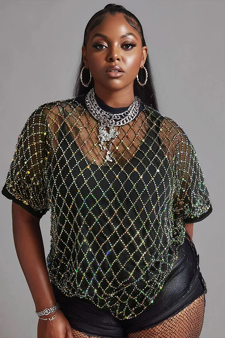 Xpluswear Design Plus Size Party Black Round Neck Short Sleeve Cut Out See Through Tops 2024 - Xpluswear