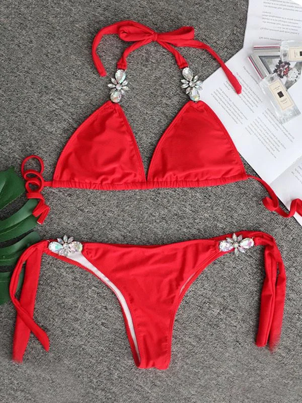 Gorgeous Embellished Knotted Triangles Split Bikini Swimsuit