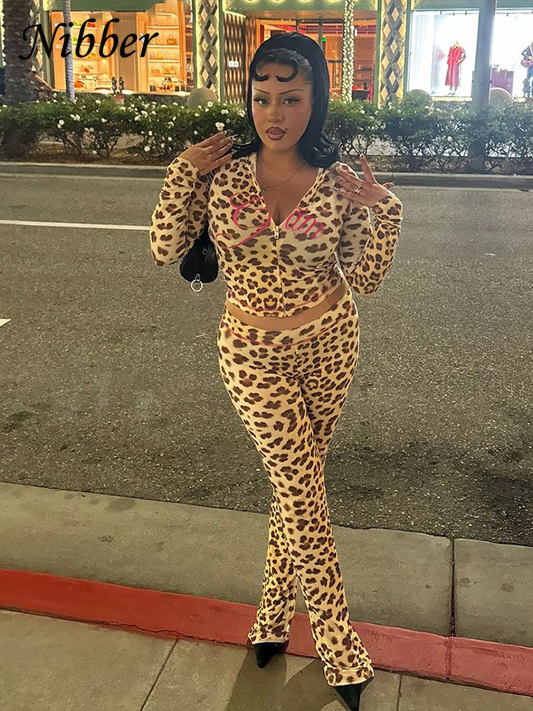 Shinesparkplay costumes for women sexy Leopard Print 2 Piece Set Women's Autumn Tracksuit Athleisure Hooded Crop Jacket + Flared Pants Stretch Matching Suit