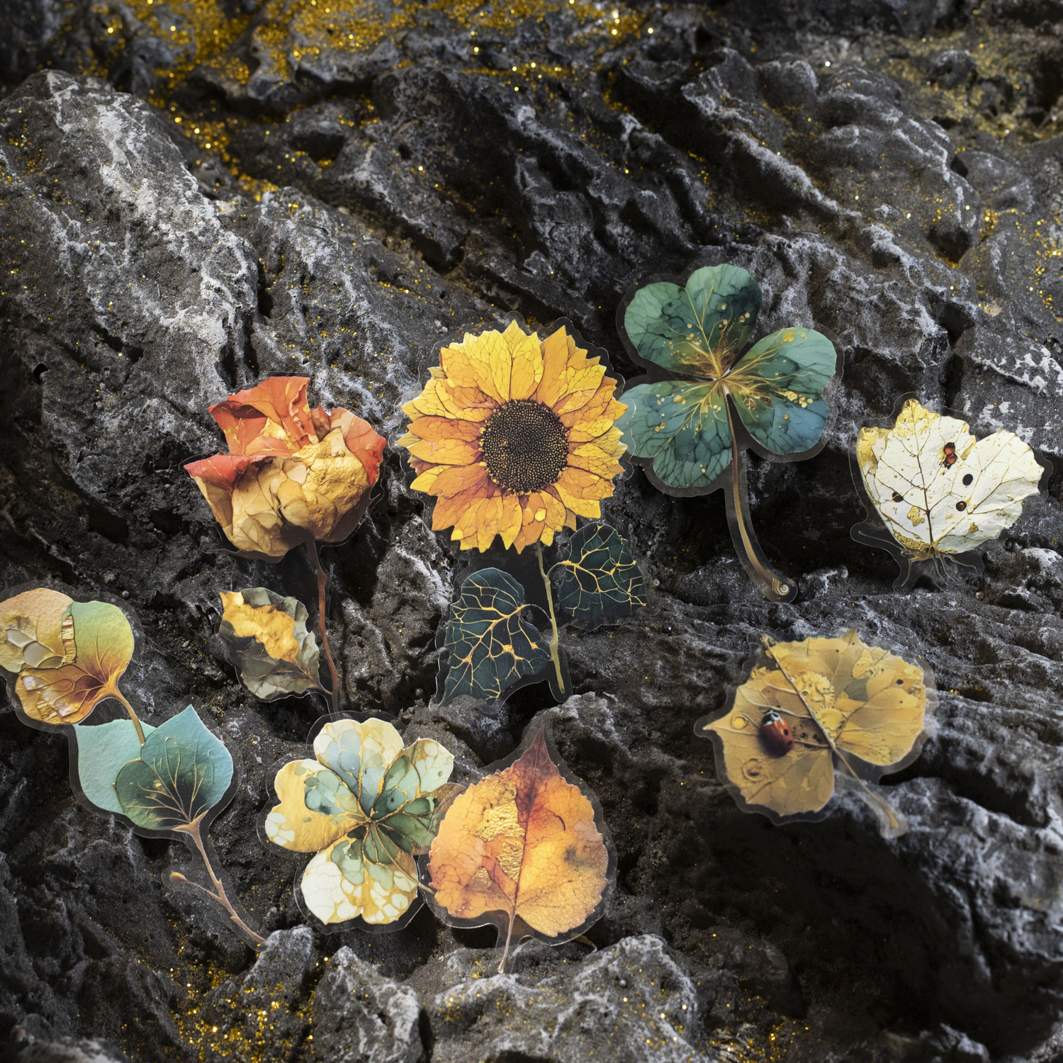 PET 스티커 - 금박 꽃 그림자 시리즈 빈티지 플로럴