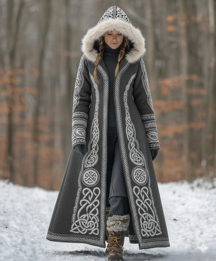 Women's Vintage Viking Celtic Knot Knitted Jacquard Fur Hooded Cardigan