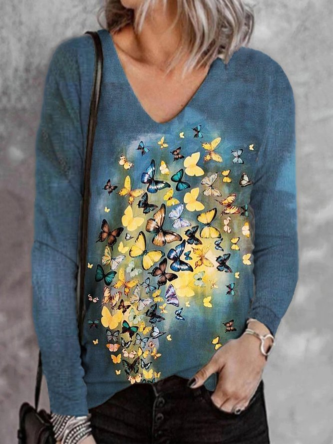 Cyan Butterfly Printed V Neck Long Sleeve Casual Shift Shirts & Tops