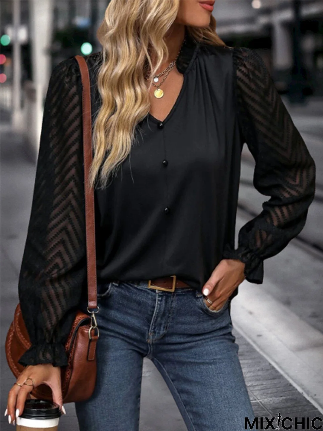 Plain Mesh Long Sleeve Buckle Casual Top