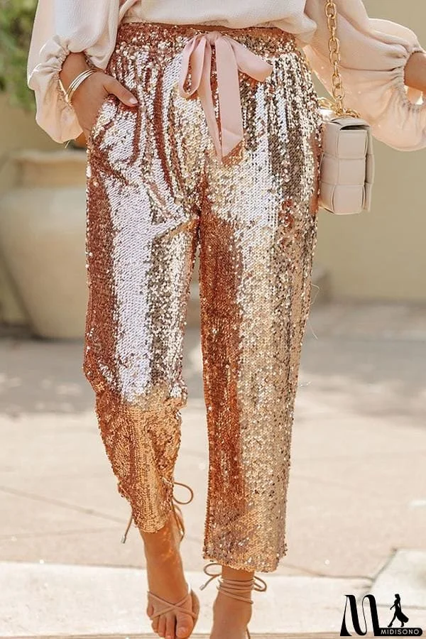 MidiSono - Solid Sequins Drawstring Cropped Trousers