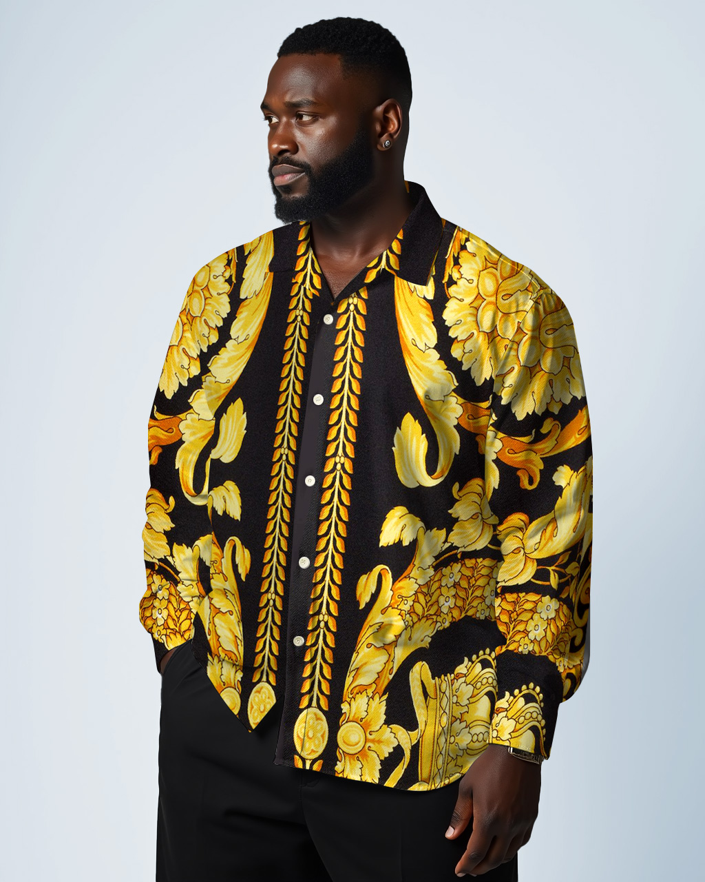 Black Luxury Baroque Business Shirt Lap Long Sleeve Shirt Men's Plus Size