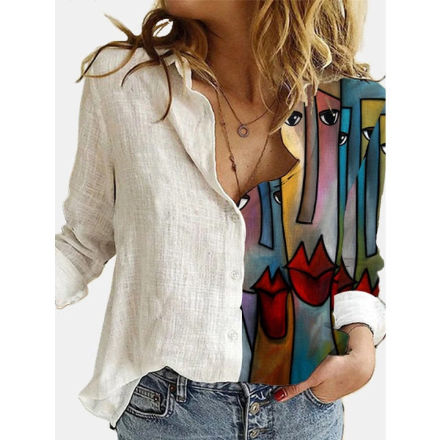 Autumn Women Vintage Print Slub Linen Shirt Blouse Large Size 3XL 2020 New Trend Office Lady Shirts Female Patchwork Clothings Lanfubeisi