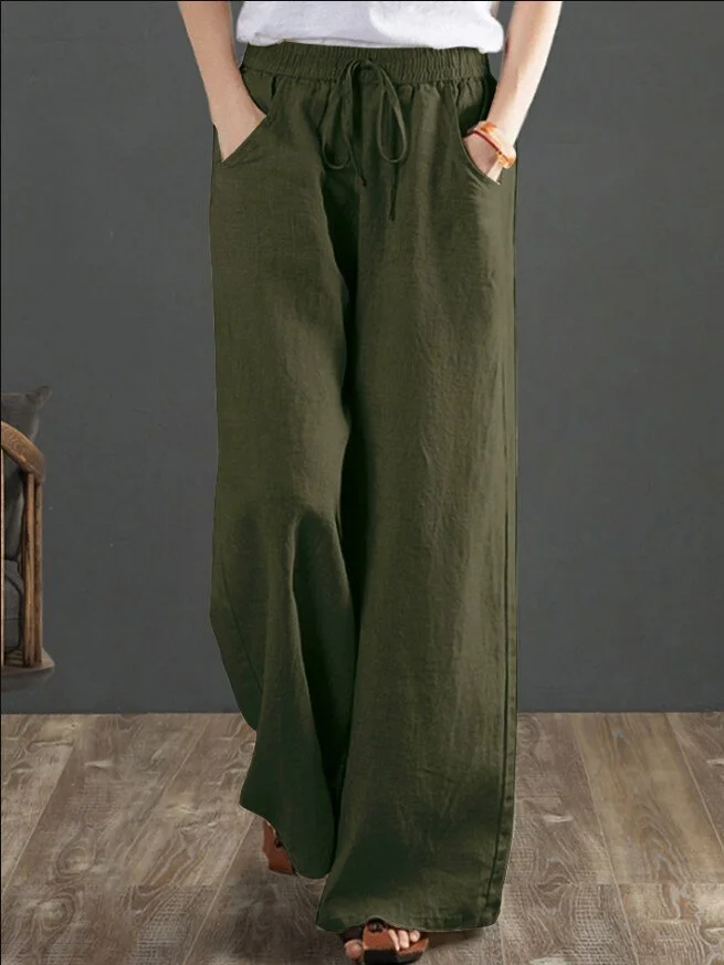 Abebey Vintage Cotton Linen Women Pants Summer  Elastic Waist Solid Wide Leg Loose Female Pants Top Quality Pants Length