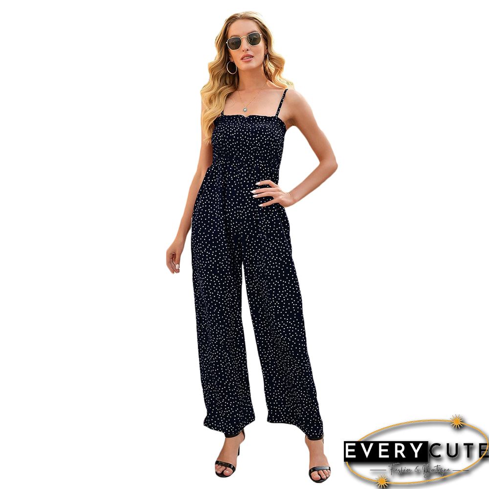 Navy Blue Polka Dot Wide Leg Jumpsuit