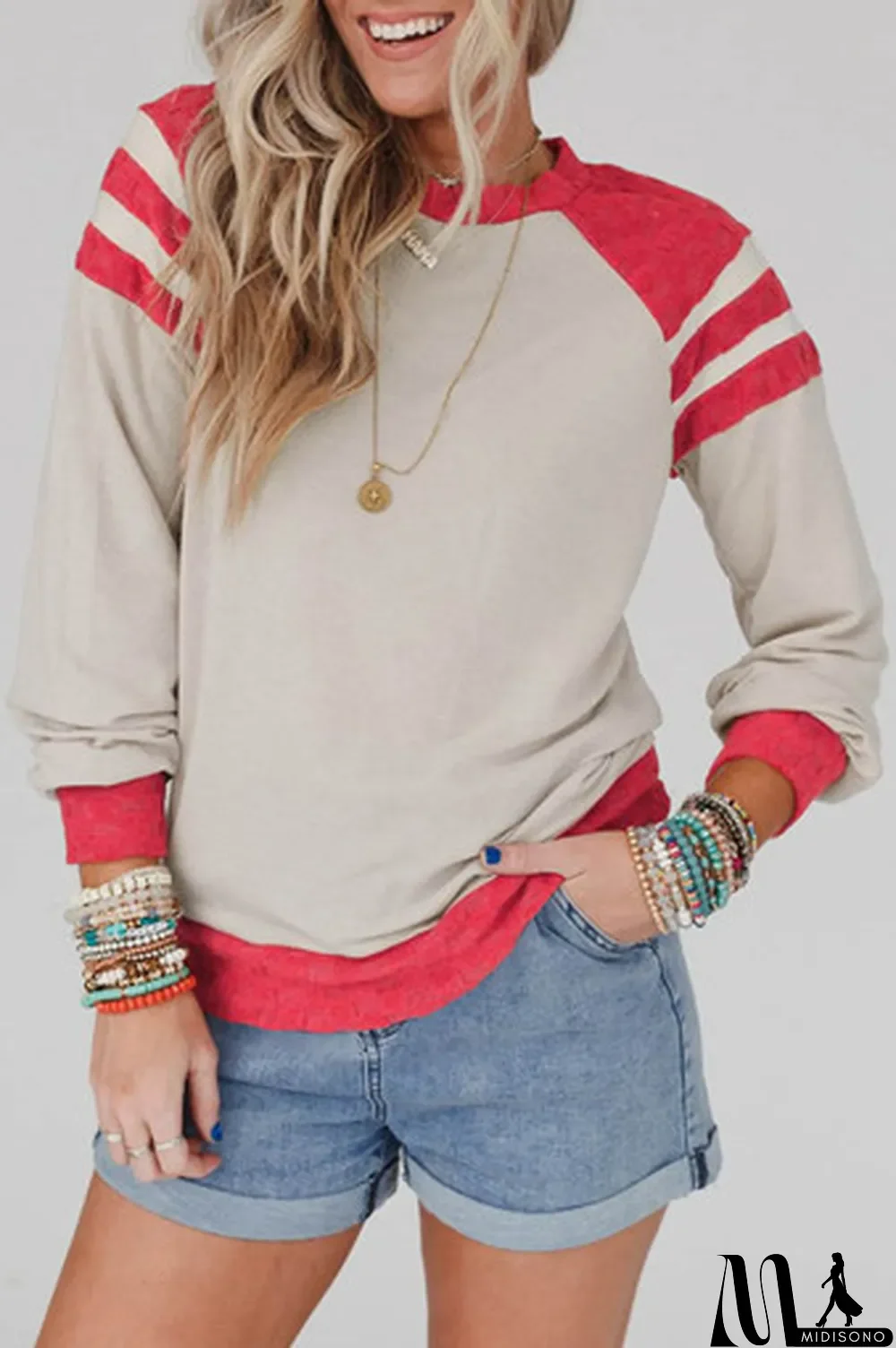 MidiSono - Apricot Color Block Raglan Long Sleeve Top