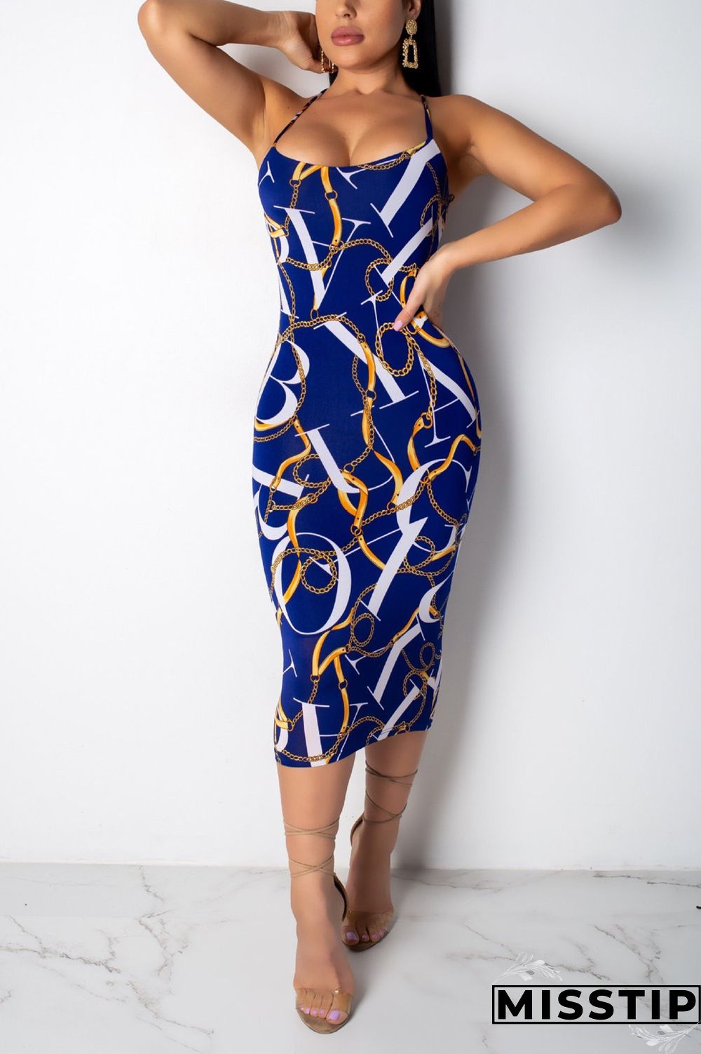 Dark Blue Chain Print Back Hollow Out Slip Dress
