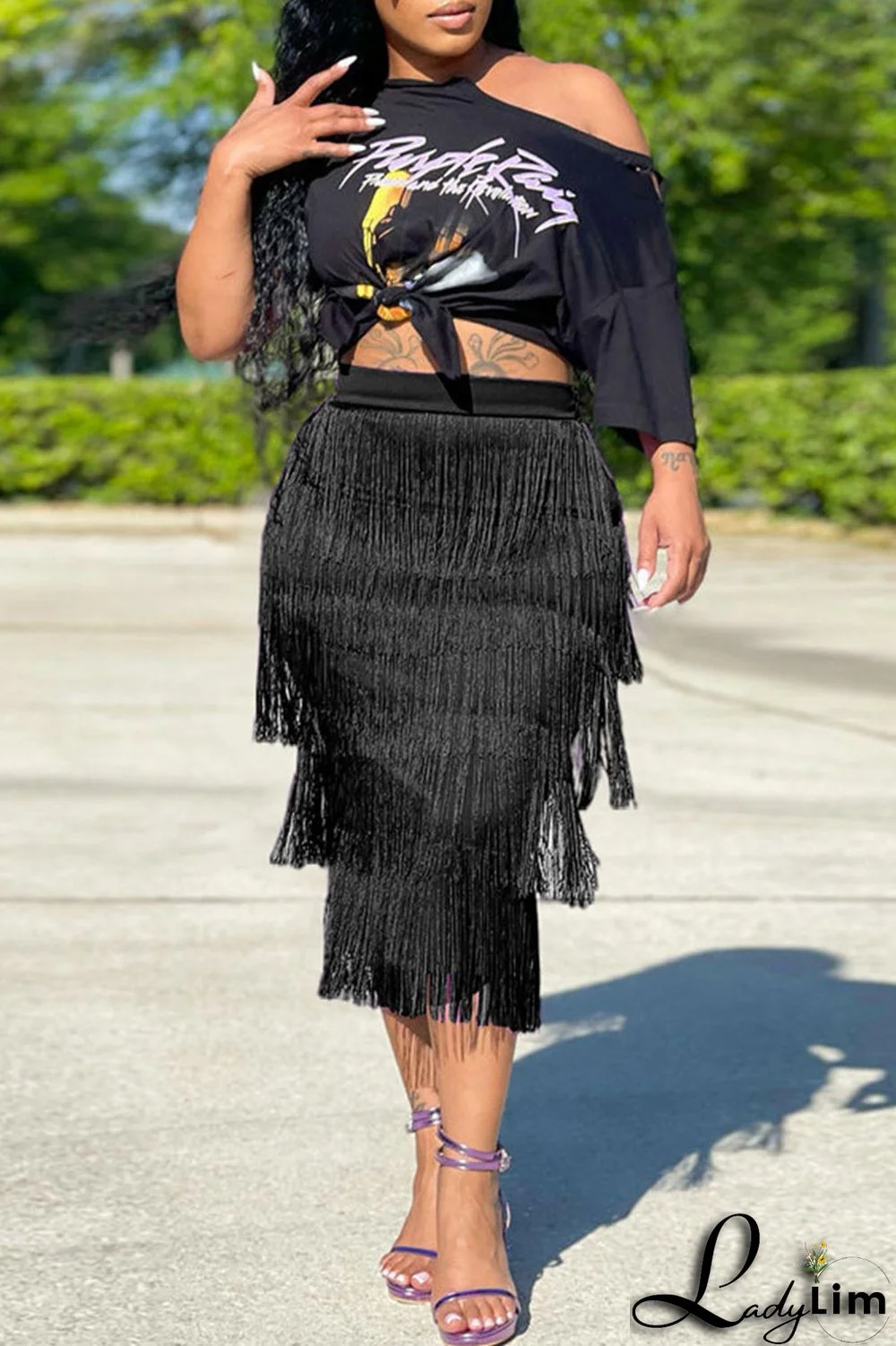 Purple Casual Print Tassel Split Joint O Neck Short Sleeve Two Pieces