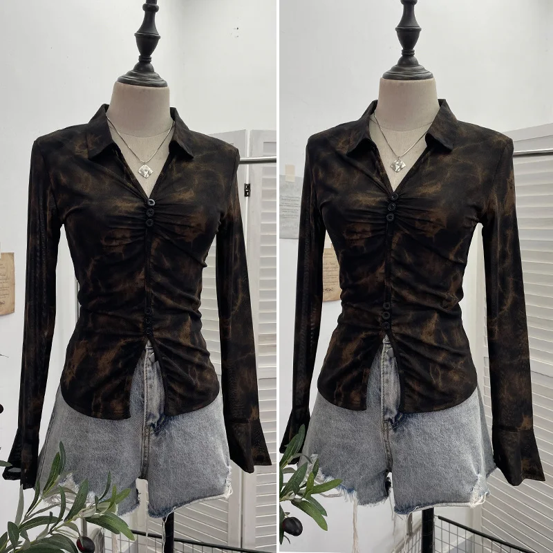 Uveng Real Shooting 2025 Spring And Summer New Tie Dye Mesh Elastic Temperament Clasp Tsets Single-Dear Horn Sleeve Shirt 8042