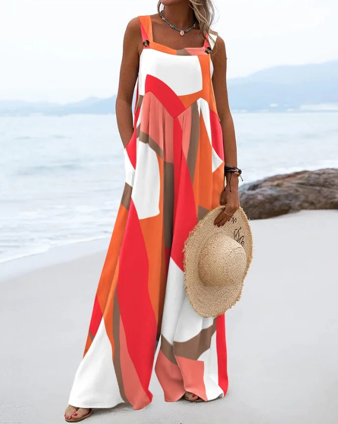 Vacation Retro Floral Print Wide Leg Jumpsuit