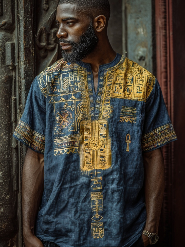 Men's Ankh Ancient Egyptian Elements Patchwork Linen Shirt