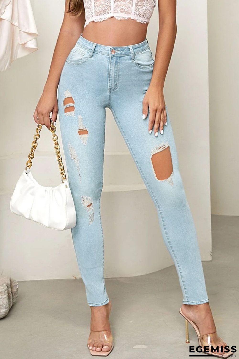 Baby Blue Casual Solid Ripped High Waist Skinny Denim Jeans | EGEMISS