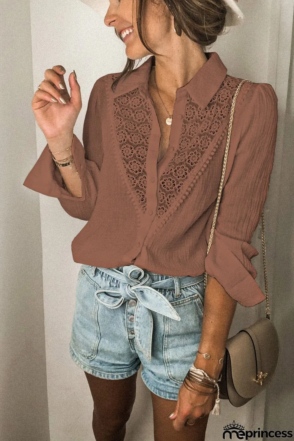 Floral Lace Hollow-out Splicing Crinkled Shirt