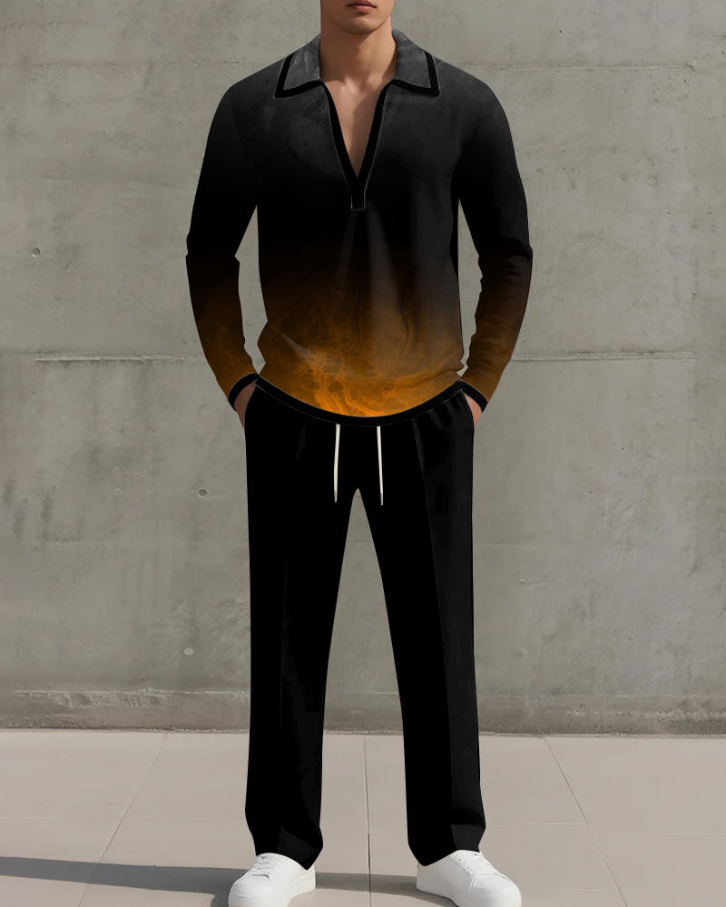Big & Tall Men's Black And Yellow Gradient Printed POLO V-Neck Long Sleeve Pants Two-Piece Set