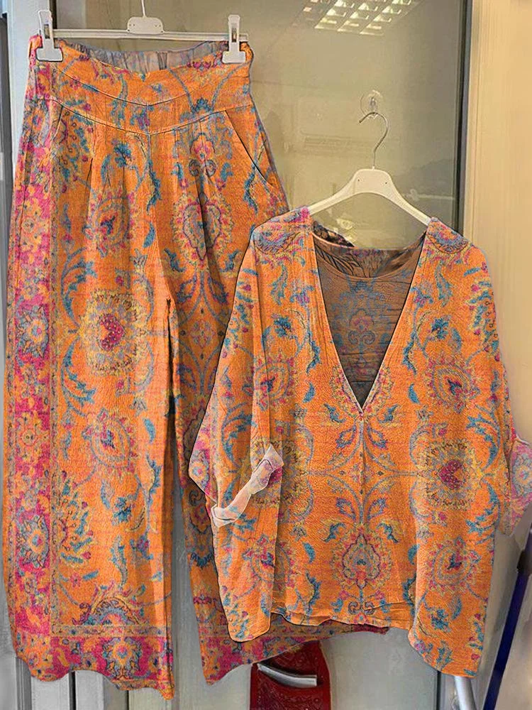 Women's Retro Ethnic Totem Print V-Neck Top Wide-Leg Pants Cotton Linen Suit