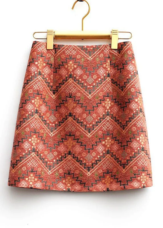 Stylish Brick Red Jacquard Patchwork Zippered Cotton Skirts Spring