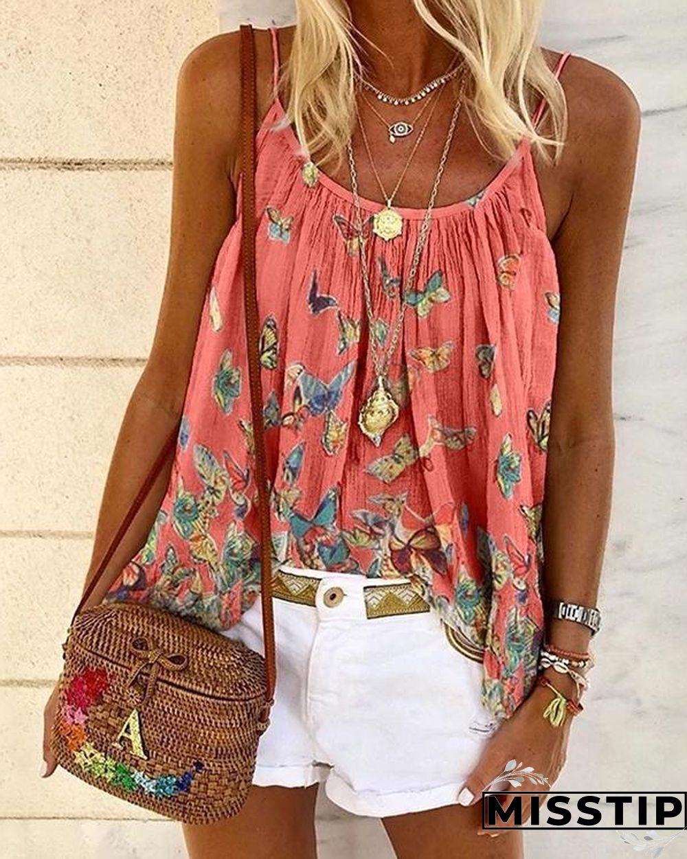 Butterfly Print Bohemia Crew Neck Plus Size Tank Tops