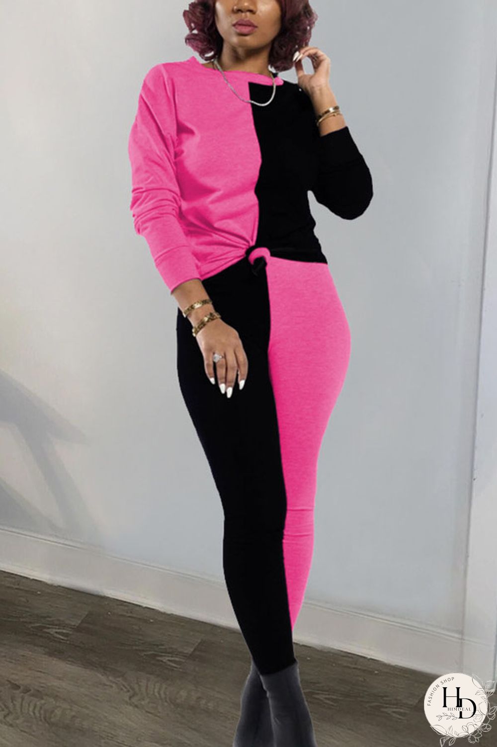 rose red and blue Polyester Sexy Patchwork Solid pencil Long Sleeve Two Pieces