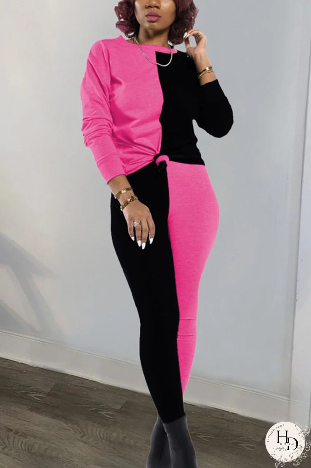 rose red and blue Polyester Sexy Patchwork Solid pencil Long Sleeve Two Pieces