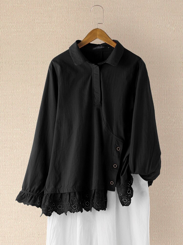 Solid Color Lace Hollowed Hem Long Sleeve Irregular Blouse P1724271