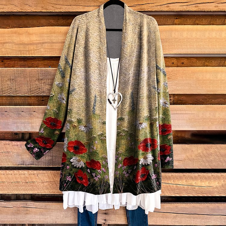 Vefave Casual Oil Painting Floral Print Cardigan