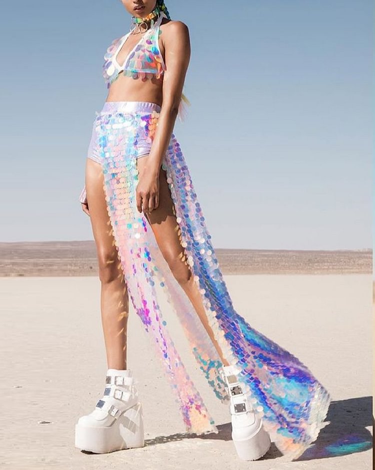Purple Plastic Sequin Bikini Slit Maxi Dress Set
