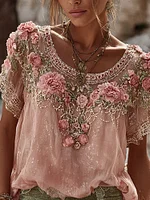 Women's Vintage Floral Embroidered Art Flowy Linen Blend Short Sleeve Casual Tops