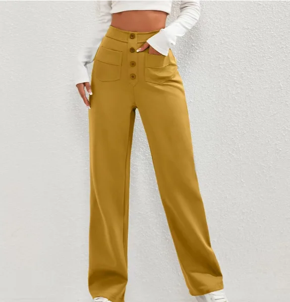 Wongn Wongn Fashion New Women's Casual Straight Pants High Waist Button Elastic Belt With Multiple Pockets