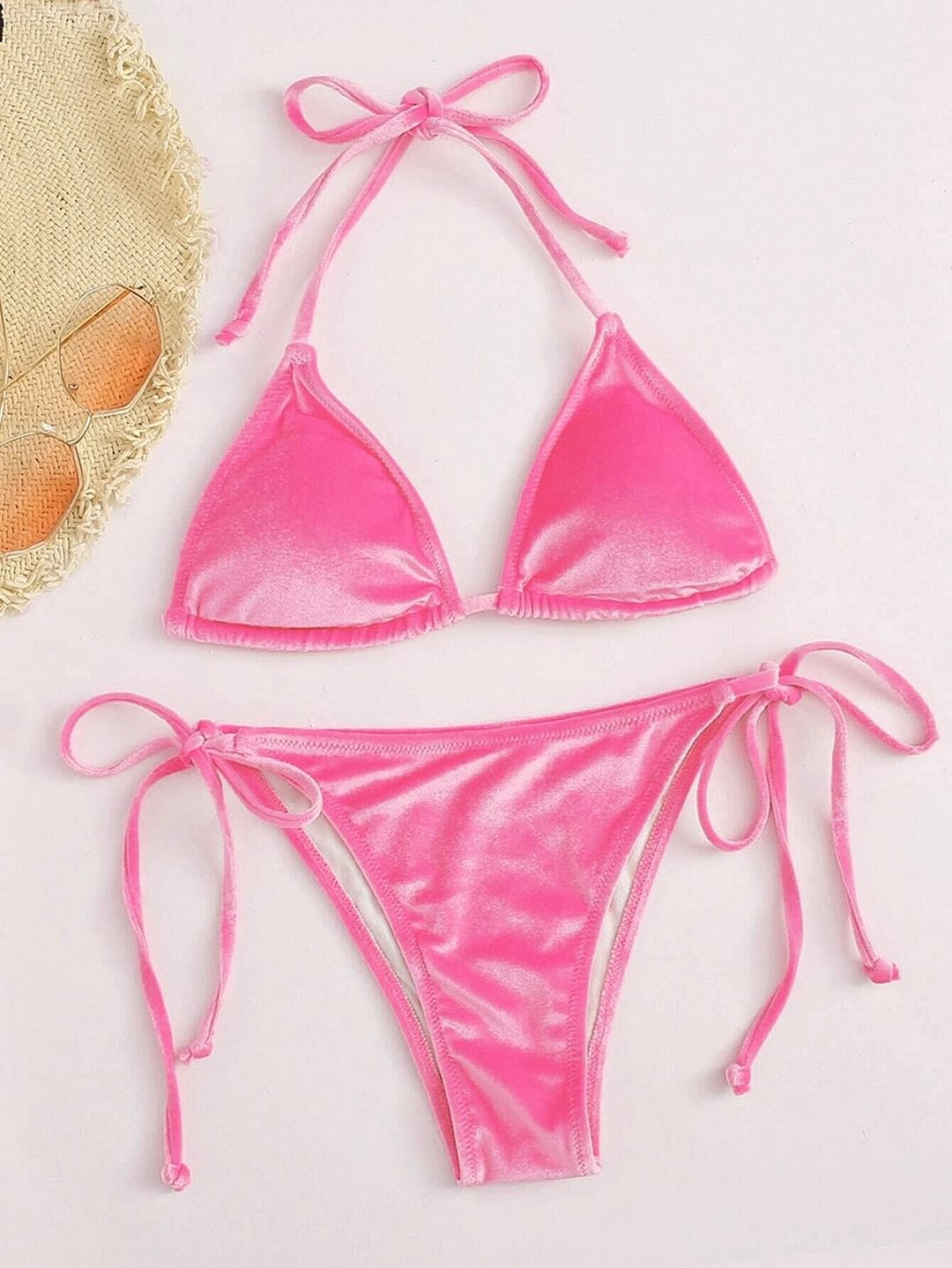 Sexy Velvet Bikini 2022 Mujer Women Solid Pink Push Up Thong Swimsuit Cut Out Bandage Bathing Suit Micro Swimwear Beach Outfits