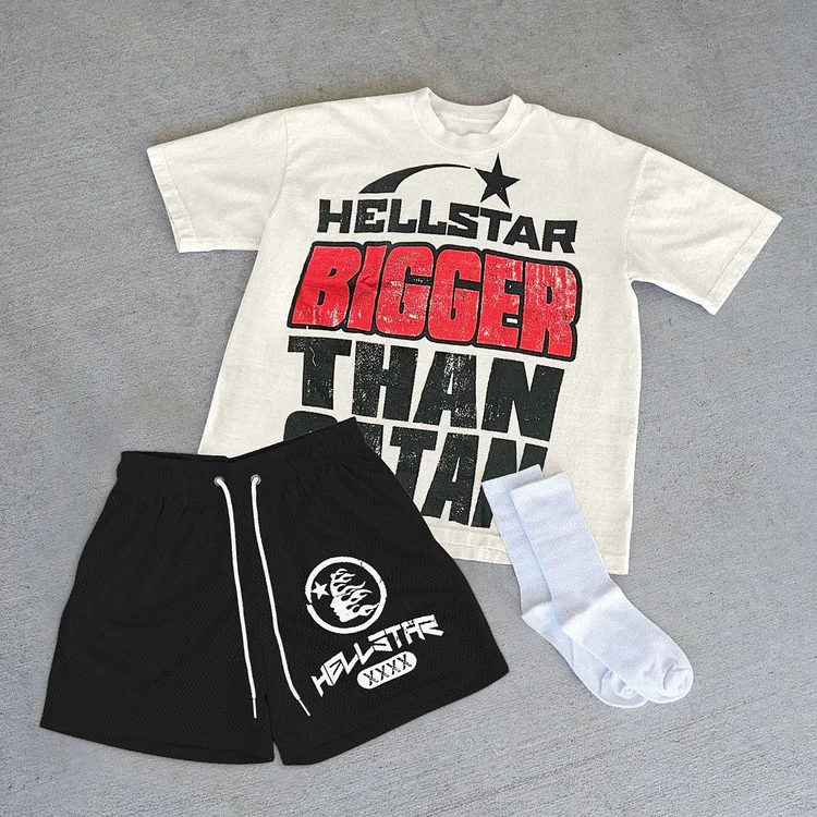 Retro Hellstar Printed T-Shirt & Hellstar Mesh Shorts Two-Piece Set