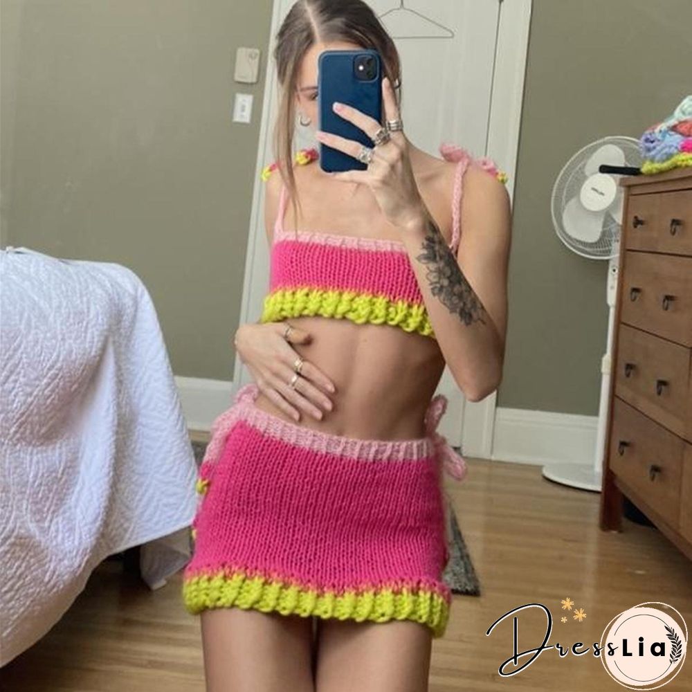 Knitted Set Women Summer Color Block Patchwork Sleeveless Crop Top And Mini Skirt Matching