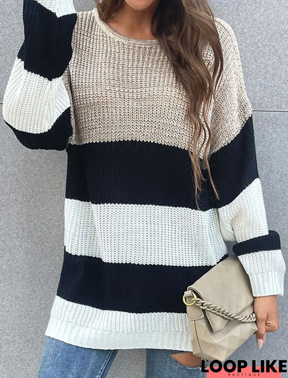 Casual Loose Color Matching Round Neck Long-Sleeved Sweater