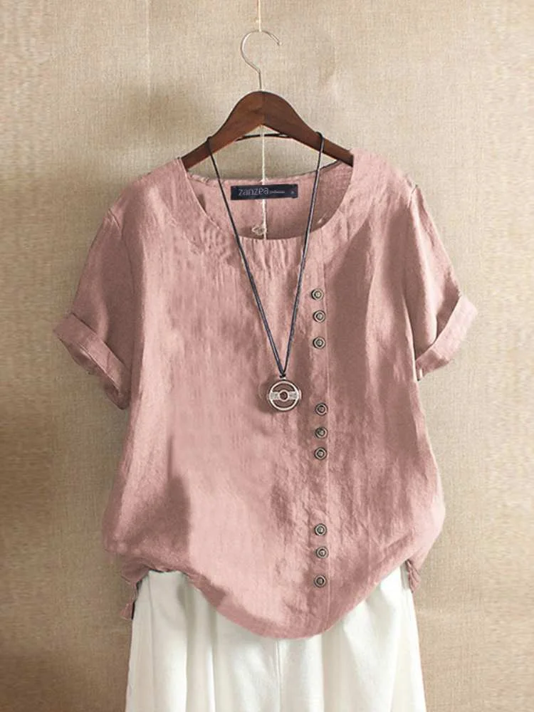 ZANZEA Summer O Neck Short Sleeve Blouse Women Cotton Linen Shirt Casual Loose Buttons Tops Femininas Blusas Work Top Chemise