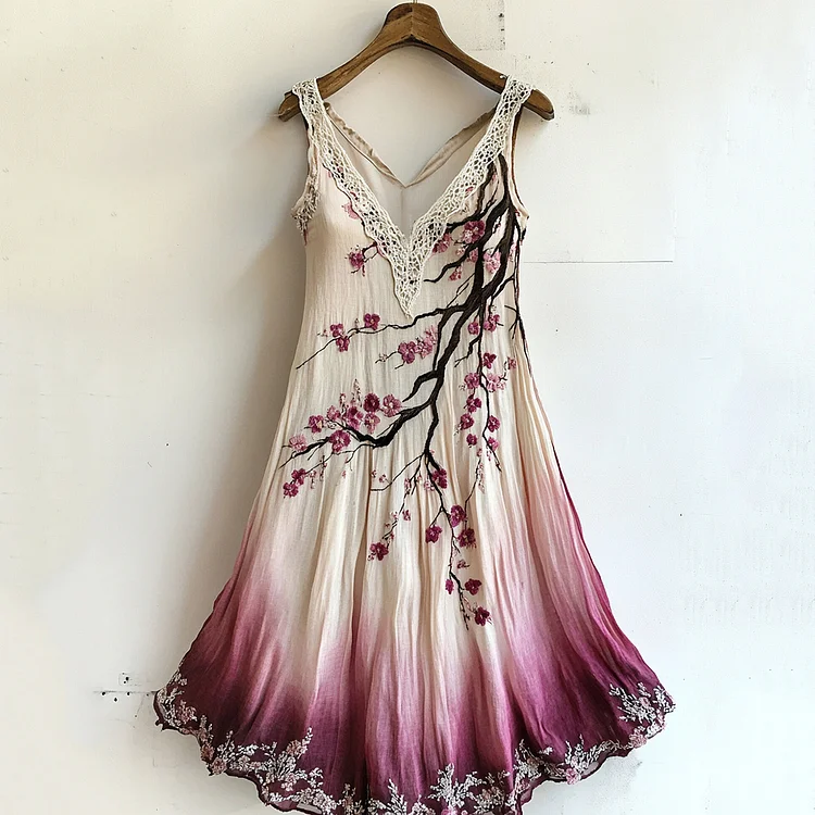 Vintage Cherry Blossom Floral Lace Gradient Art Comfy Tank Dress