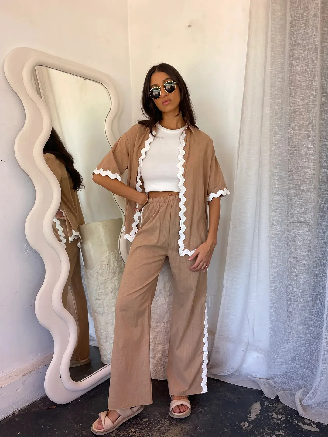 Brownm Brownm Spring And Summer New Comfortable Casual Single Breasted Lace Splicing Trousers Shirt Coat 88231